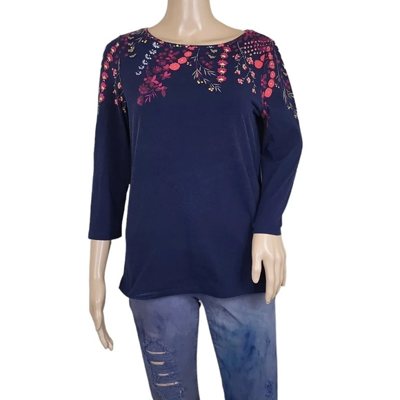 Talbots COTTON BATEAU NECK TEE  FALLING FLORAL - Picture 1 of 3